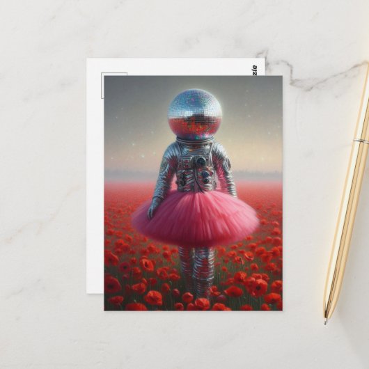 disco astronaut in een klaprozenveld briefkaart (Voorkant / Achterkant in situ)