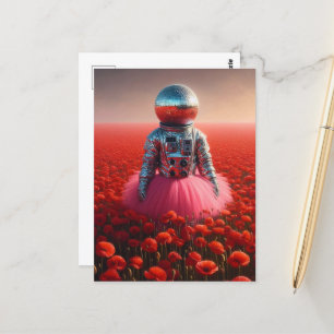 disco astronaut in een rood klaprozenveld briefkaart