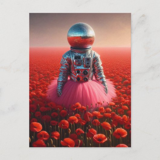 disco astronaut in een rood klaprozenveld briefkaart (Voorkant)