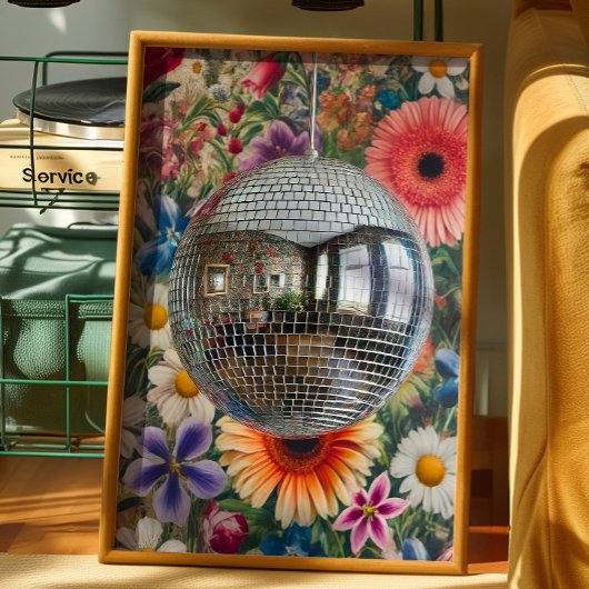 Disco Bal Bloemige Muurkunst Retro Maximalistische Poster