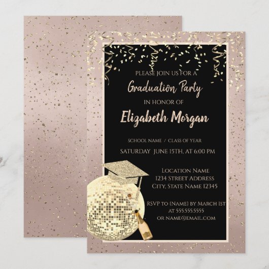 Disco Bal Confetti, Wijn Roze Goud Afstuderen Kaart (Voorkant / Achterkant)