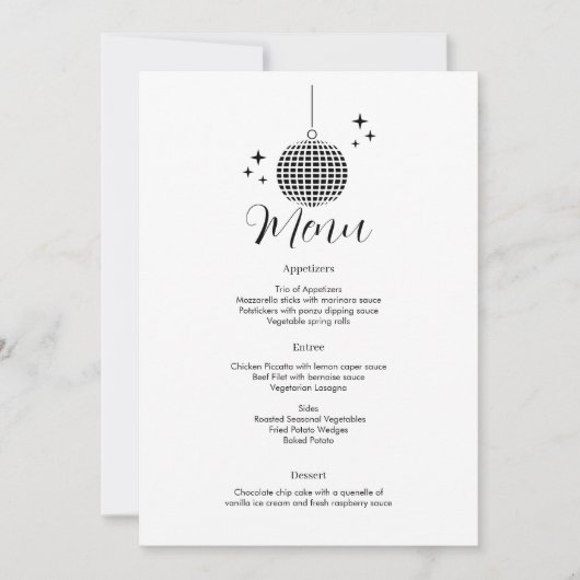 Disco Bal Diner Menu Kaart (Voorkant)