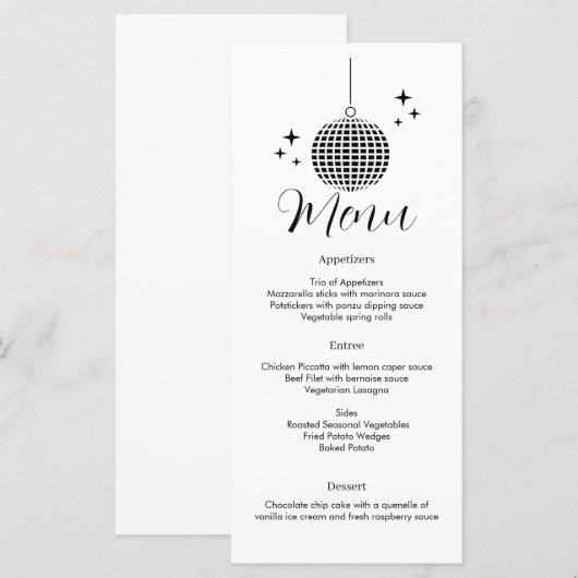 Disco bal dinermenu menu (Voorkant / Achterkant)