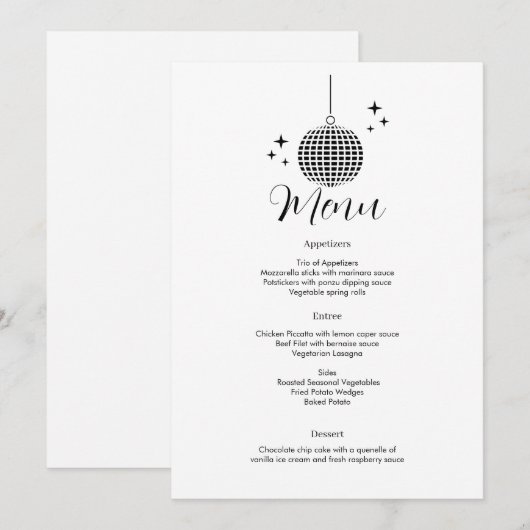 Disco Bal Dinner Menu Kaart (Voorkant / Achterkant)