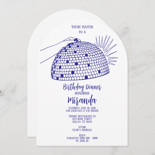 Disco Bal Dinner Uitnodiging Blauw (Voorkant / Achterkant)