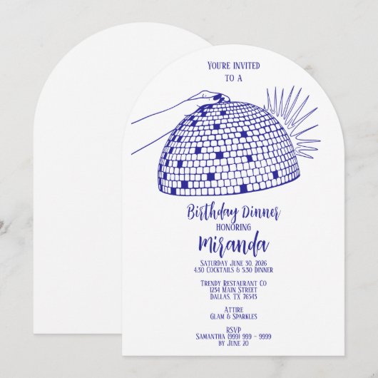 Disco Bal Eetuitnodiging Blauw Kaart (Voorkant / Achterkant)