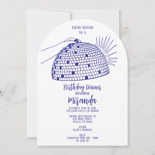 Disco Bal Eetuitnodiging Blauw Kaart (Voorkant)