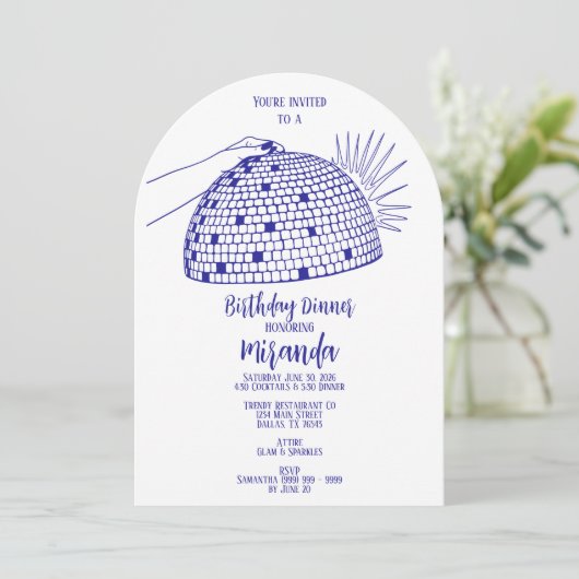 Disco Bal Eetuitnodiging Blauw Kaart (Staand voorkant)