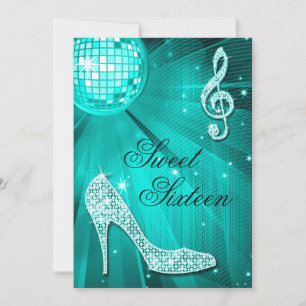 Disco Bal en Glitter Hakken Teal Sweet 16 Kaart