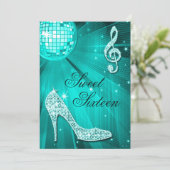 Disco Bal en Glitter Hakken Teal Sweet 16 Kaart (Staand voorkant)