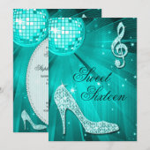 Disco Bal en Glitter Hakken Teal Sweet 16 Kaart (Voorkant / Achterkant)