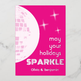 Disco Bal Glitter Folie Kerstkaart Roze Feestdagenkaart