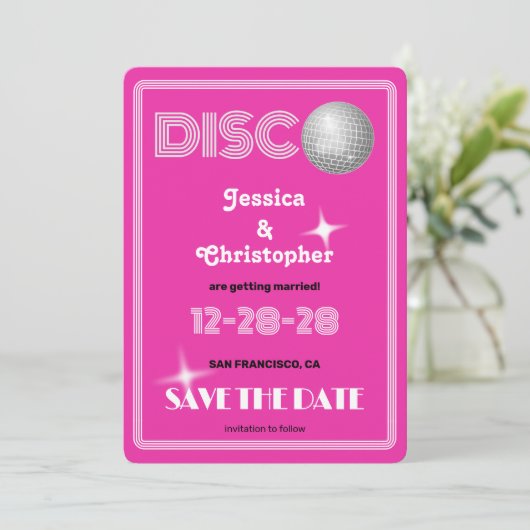 DISCO Bal - Groovy Magenta Save The Date (Staand voorkant)