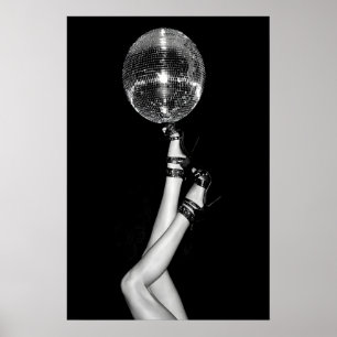 Disco Bal Hoge Hakken Print, Zwart en Wit Poster