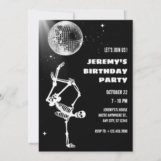 Disco bal skelet dansende uitnodiging (Voorkant)