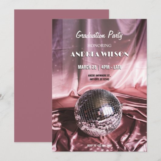Disco bal zijde roze GRADUATION PARTY Kaart (Voorkant / Achterkant)
