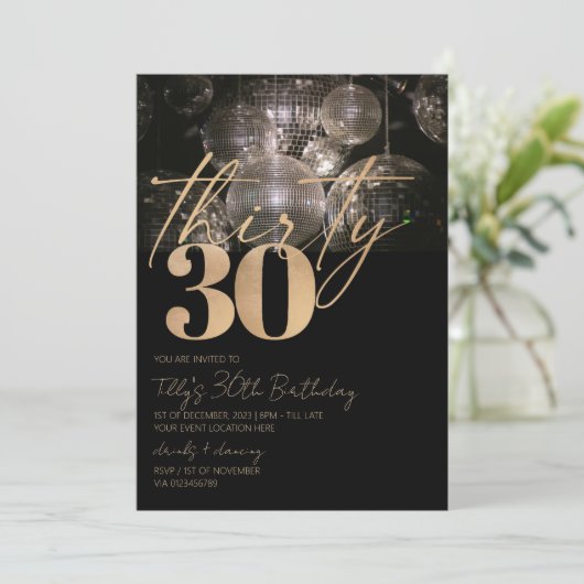 Disco bal zwart en goud 30e verjaardagsfeest kaart (Staand voorkant)