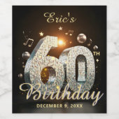 Disco Ball 60th Birthday Music Notes Black Gold Wijn Etiket (Enkel label)