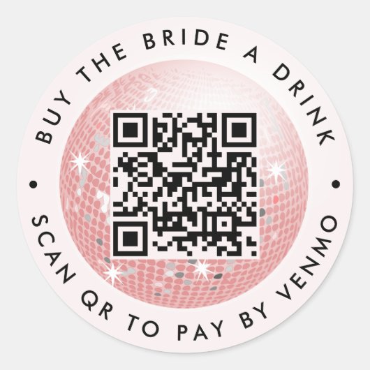 Disco Ball 70s Koop The Bride A Drink QR Code Pink Ronde Sticker (Voorkant)