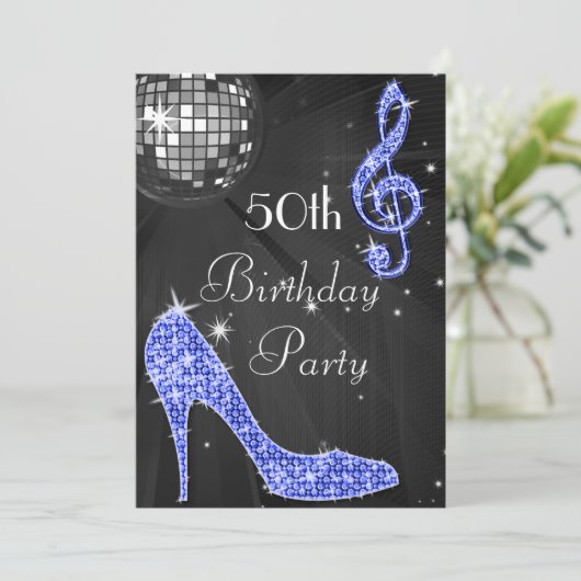 Disco Ball and Heels Zwart & Blauw 50ste verjaarda Kaart (Staand voorkant)
