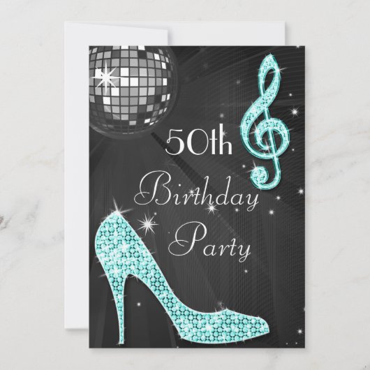 Disco Ball and Heels Zwart & Blauwgroen 50e Verjaa Kaart (Voorkant)