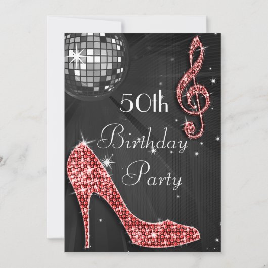 Disco Ball and Heels Zwart & Rood 50ste verjaardag Kaart (Voorkant)