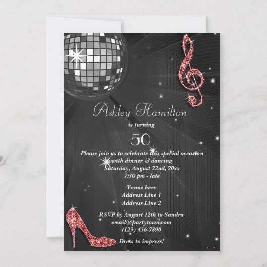 Disco Ball and Heels Zwart & Rood 50ste verjaardag Kaart (Achterkant)