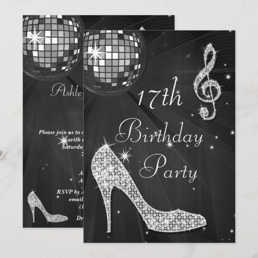 Disco Ball and Heels Zwart & Zilver 17e Verjaardag Kaart (Voorkant / Achterkant)