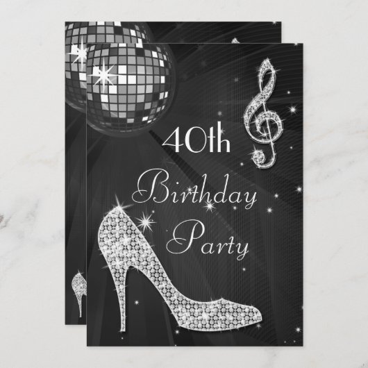 Disco Ball and Heels Zwart & Zilver 40e Verjaardag Kaart (Voorkant / Achterkant)