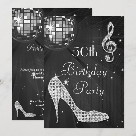 Disco Ball and Heels Zwart & Zilver 50e Verjaardag Kaart (Voorkant / Achterkant)