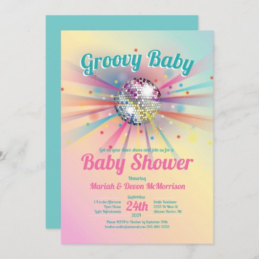 Disco Ball Baby shower Groovy Pastel Rainbow Kaart (Voorkant / Achterkant)