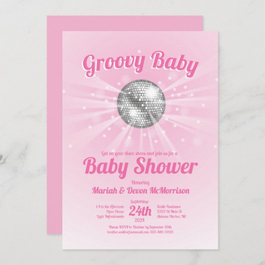 Disco Ball Baby shower Groovy Roze Meisje Kaart (Voorkant / Achterkant)