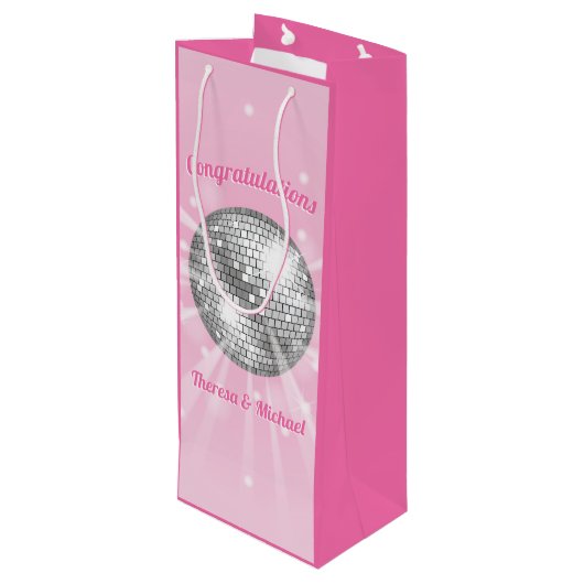 Disco Ball Baby shower Groovy Roze Meisje Wijn Cadeautas (Achterkant Gekanteld)
