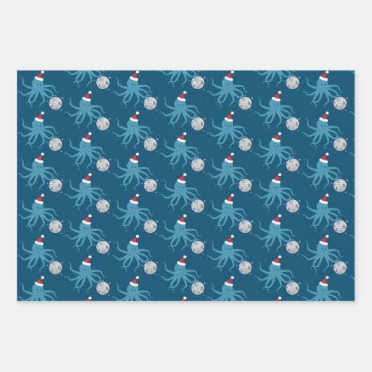 Disco Ball Blue Octopus Santa Hat Kerstmis Inpakpapier Vel (Voorkant 2)