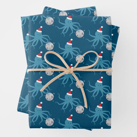 Disco Ball Blue Octopus Santa Hat Kerstmis Inpakpapier Vel (In situ)