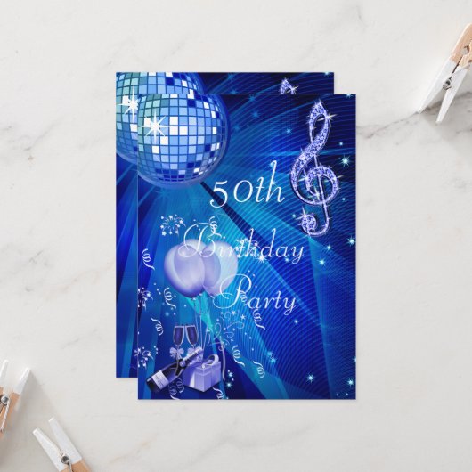 Disco Ball, Champagne en Balloons 50th Birthday Kaart (Voorkant / Achterkant in situ)