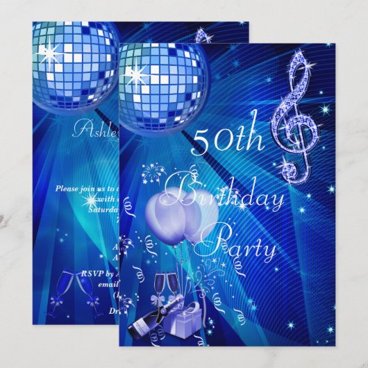 Disco Ball, Champagne en Balloons 50th Birthday Kaart (Voorkant / Achterkant)