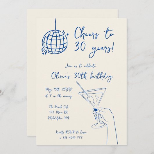Disco Ball Cocktail Verjaardagsfeestuitnodiging Kaart (Voorkant / Achterkant)