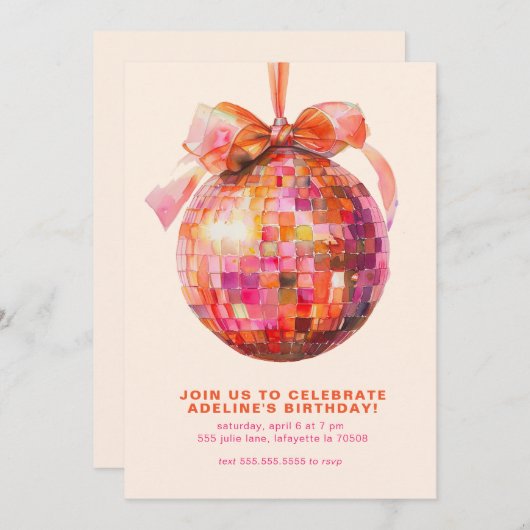 Disco Ball Coquette Bow Verjaardagsfeestuitnodigin Kaart (Voorkant / Achterkant)
