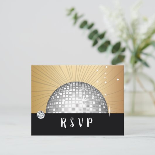 Disco ball, dans, gouden Briefkaart RSVP (Staand voorkant)