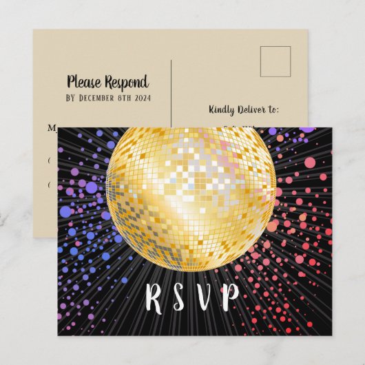 Disco ball, dans, gouden Briefkaart RSVP (Voorkant / Achterkant)