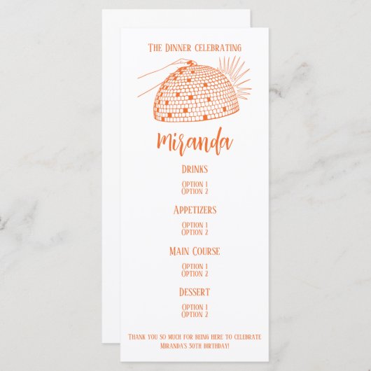 Disco Ball Dinner Menu Sinaasappel (Voorkant / Achterkant)