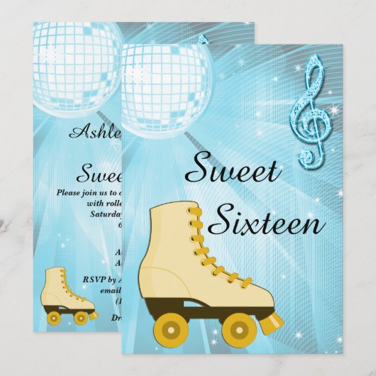 Disco Ball en Roller Schaatsen Sweet Sixteen Kaart (Voorkant / Achterkant)