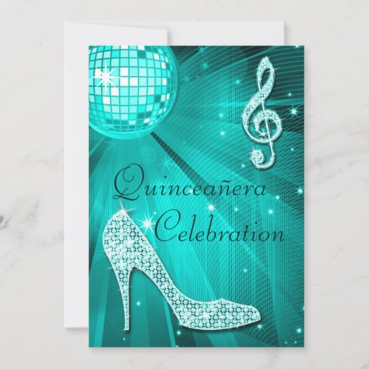 Disco Ball en Sparkle Heels Blauwgroen Quinceañera Kaart (Voorkant)