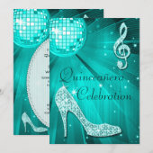 Disco Ball en Sparkle Heels Blauwgroen Quinceañera Kaart (Voorkant / Achterkant)