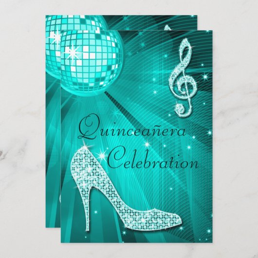 Disco Ball en Sparkle Heels Blauwgroen Quinceañera Kaart (Voorkant / Achterkant)