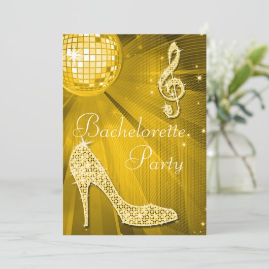 Disco Ball en Sparkle Heels Gouden Bachelorette Kaart (Staand voorkant)
