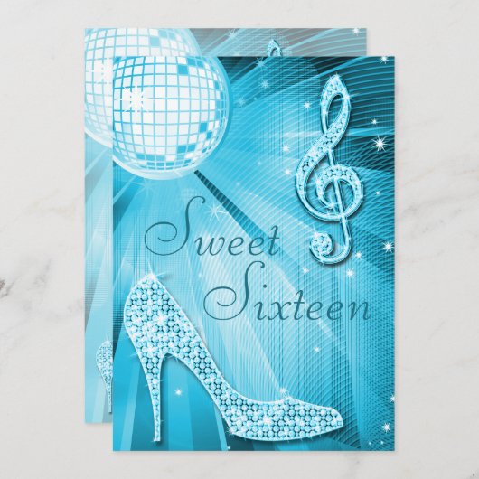 Disco Ball en Sparkle Heels Sweet 16 Lichtblauw Kaart (Voorkant / Achterkant)