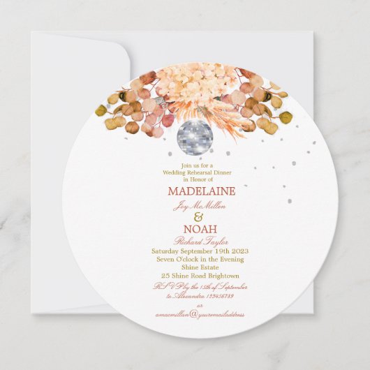 Disco Ball Floral Elegante Oranje bruiloft repetit Kaart (Voorkant)