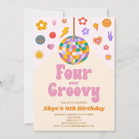 Disco Ball Four Ever Groovy 4th Verjaardagsfeest Kaart (Voorkant)